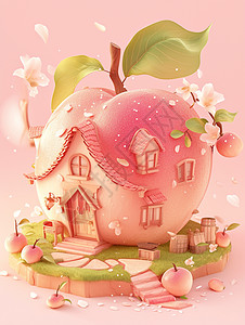 粉色梦幻唯美的卡通桃子屋图片