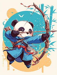 穿蓝色古风服装手拿弓箭的卡通大熊猫图片