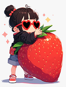 戴着桃心墨镜的可爱卡通女孩抱着大大的草莓图片