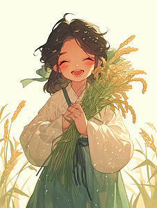抱青麦子在麦子地中古风装扮卡通女孩图片