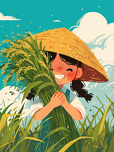 戴着草帽抱着一抱麦子在麦子地中开心笑的卡通女孩图片
