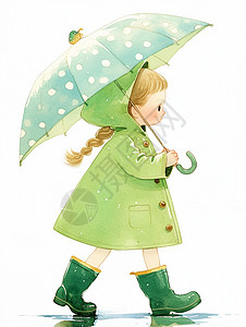 身穿绿色雨衣打着雨伞的卡通小女孩穿着雨鞋走在雨中图片