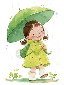 走在雨中身穿绿色雨衣的可爱卡通小女孩图片