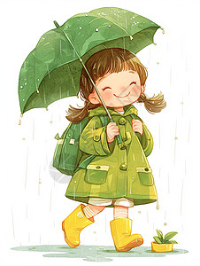 在雨中身穿绿色雨衣的可爱卡通小女孩图片