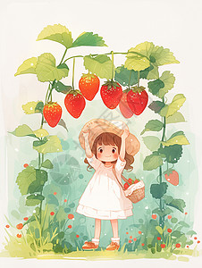 在草莓园中开心摘草莓的可爱卡通小女孩图片