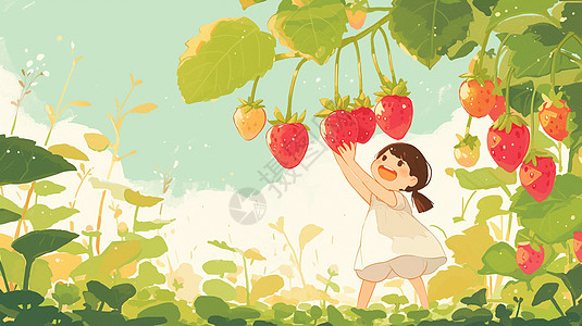 在草莓园中开心摘草莓的卡通女孩图片