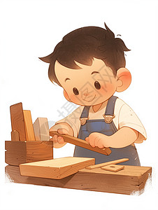 身穿蓝色背带裤在干活的卡通小木匠图片