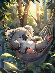 在茂密的森林深处吊床上安静睡觉的卡通树袋熊图片