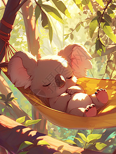 在茂密的森林深处吊床上睡觉的卡通树袋熊图片