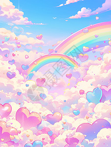唯美的天空各种爱心云朵一道美丽的彩虹卡通插画图片