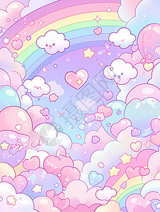 梦幻的天空各种爱心云朵一道美丽的彩虹卡通插画图片