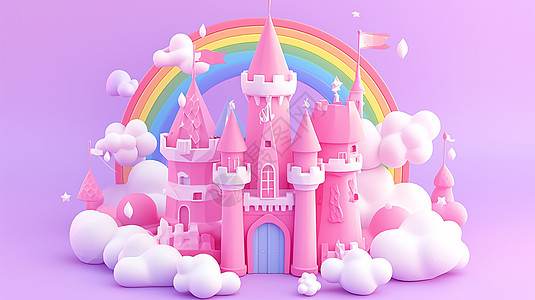 尖尖的房顶粉色调梦幻的卡通城堡图片