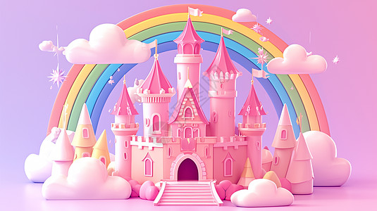尖尖的房顶粉色调的卡通城堡图片
