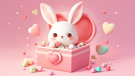 一只萌萌的可爱卡通白兔在糖果盒子中图片