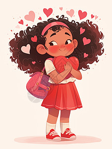 开心抱着红色爱心卷发可爱的卡通女孩图片