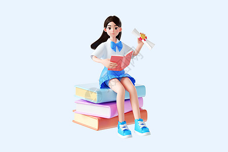 3d立体卡通可爱形象看书女学生图片