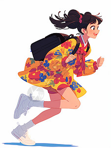 穿碎花裙背书包开心奔跑的卡通女孩图片