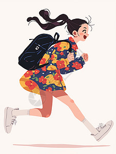 穿着花裙子开心奔跑的卡通小女孩图片