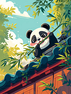卡通熊猫坐在屋顶上开心吃竹子图片