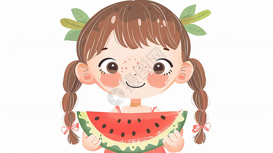 两个小辫子开心吃西瓜的卡通小女孩图片