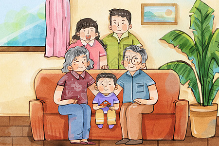 手绘水彩中国人口日之一家五口人室内场景插画图片