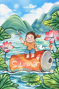 手绘水彩夏天饮料瓶与荷叶荷花男孩治愈系插画图片