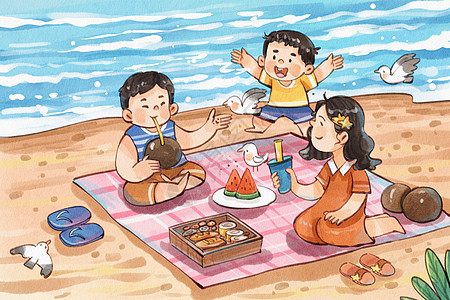 手绘水彩夏天之一家人在海边度假与海鸥治愈系插画图片