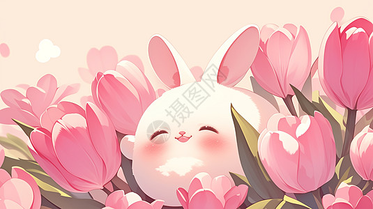 在粉色郁金香花丛中的可爱卡通白兔图片