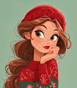 头上戴着红色帽子波浪长发时尚的卡通女孩头像图片