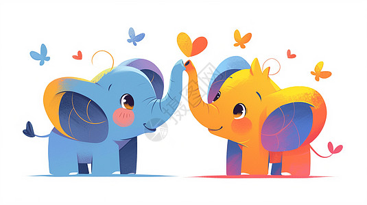 两头在一起玩耍的甜蜜的卡通大象图片