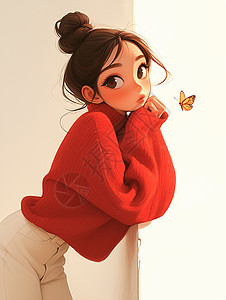 红色上衣梳着丸子头的卡通女孩身旁飞着一只可爱的蝴蝶图片