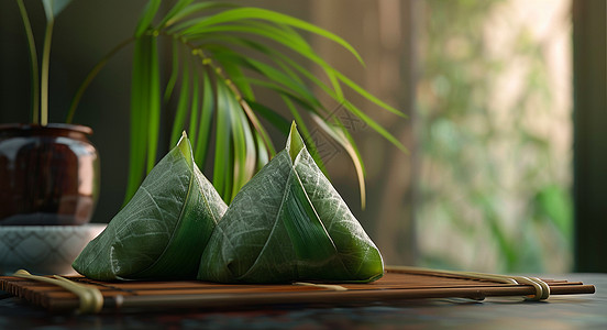 放在竹子容器上两个美味优雅的粽子图片
