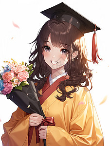 穿着金色毕业典礼服装戴着学士帽开心毕业的卡通女孩图片