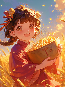 古风装扮可爱的卡通女孩抱着一碗美食在麦子地中图片