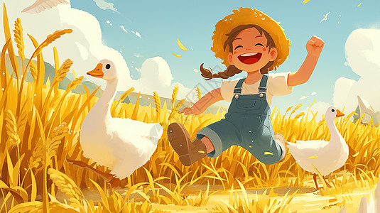 身穿蓝色背带裤与大白鹅在麦子地中玩耍的卡通女孩图片