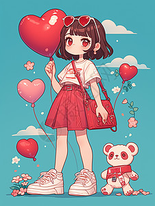 红色包手拿爱心气球的可爱卡通小女孩图片
