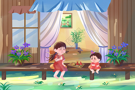 手绘夏日母女一起吃西瓜荔枝场景插画图片