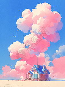 梦幻唯美的粉色云朵间一座蓝色屋顶复古风卡通小房子图片