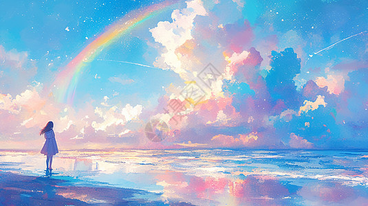人物剪影站在海边欣赏美丽蝶彩虹图片