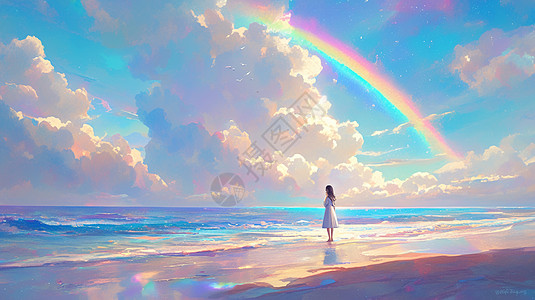 小小的卡通风人物站在海边欣赏美丽蝶彩虹图片