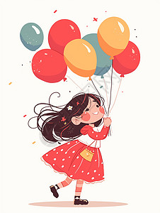 拿很多彩色气球开心笑的卡通小女孩图片
