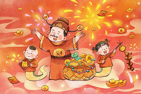 手绘水彩蛇年之财神送财与蛇身童子新年插画图片