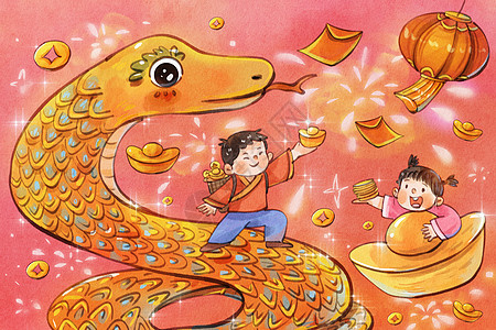 手绘水彩蛇年之大蛇与童子元宝铜钱喜庆场景插画图片