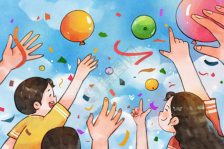 手绘水彩之人群欢呼伸手与气球欢乐氛围插画图片