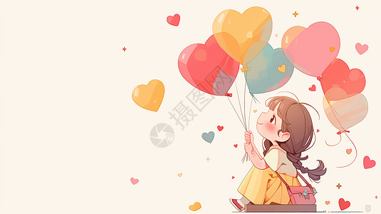 拿着一束爱心气球开心飞舞的可爱卡通小女孩图片