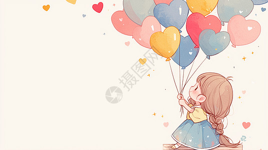 节日拿着一束爱心气球开心飞舞的可爱卡通小女孩图片