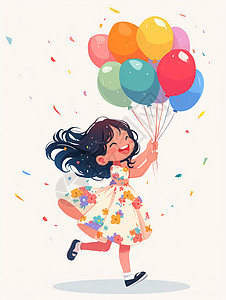 穿着花裙子可爱的卡通小女孩手拿彩色气球开心奔跑背景图片
