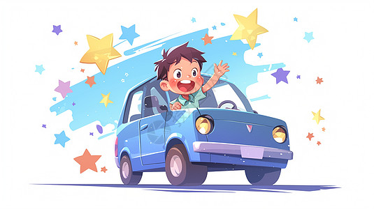 开蓝色小汽车开心打招呼的卡通小男孩图片