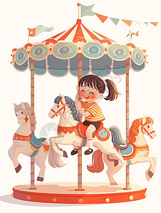 游乐场骑木马的可爱卡通小女孩图片