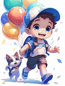 戴棒球帽手拿彩色气球的卡通小男孩与宠物猫一起走路图片